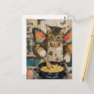 Eine niedliche geflügelte Katze macht Rührei Postkarte