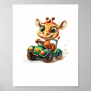 Eine Niedliche Giraffe, die ein Auto auf der Straß Poster