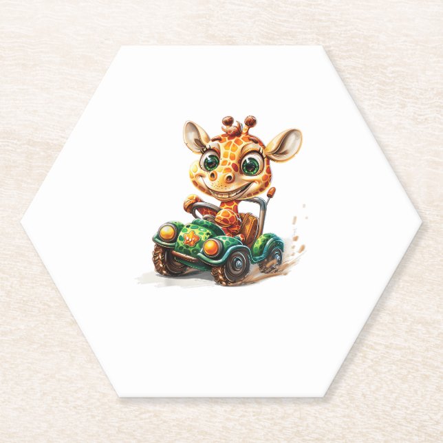 Eine Niedliche Giraffe, die ein Auto auf der Straß Untersetzer (Vorderseite)