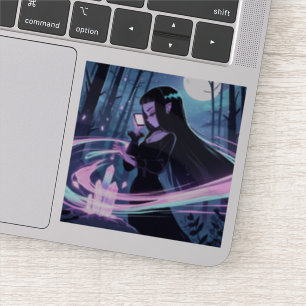 Eine Niedliche Hexe, die Kristalle in Holz aufstap Aufkleber