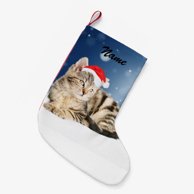 Eine Niedliche Katze, die einen Weihnachtsschnee i Kleiner Weihnachtsstrumpf (Vorderansicht (hängend))