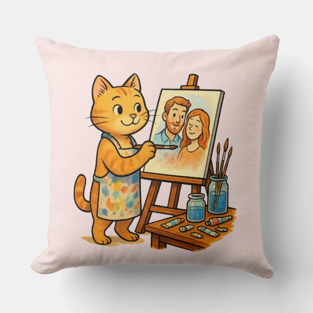 Eine niedliche Katze malt ein Portrait ihrer Famil Kissen (Vorderseite)