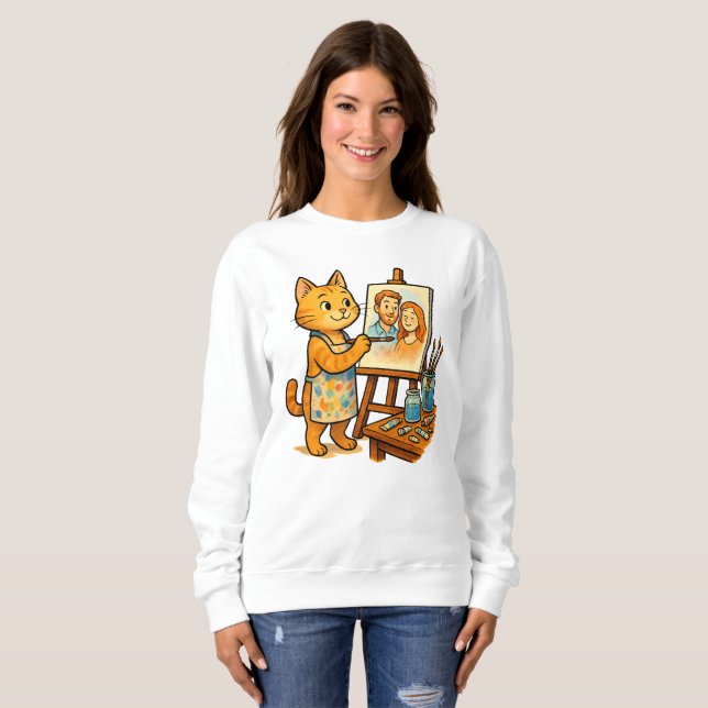 Eine niedliche Katze malt ein Portrait ihres T - S Sweatshirt (Vorne ganz)