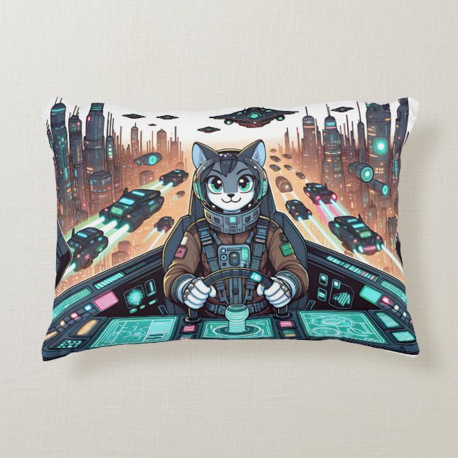 Eine niedliche Katze wie ein Pilot navigiert futur Dekokissen (Vorderseite)