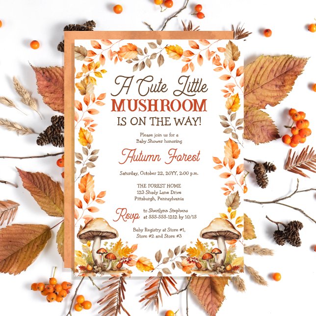 Eine Niedliche Mini-Mushroom-Babydusche Einladung ("A Cute Little Mushroom Is On The Way!" Fall | Autumn Baby Shower Invitation)