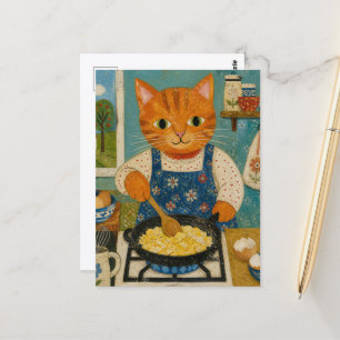 Eine niedliche rote Katze macht Rührei Postkarte