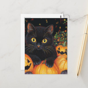 Eine Niedliche schwarze Katze im Halloween-Kürbis Postkarte