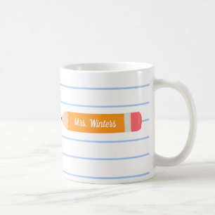 Eine Notiz aus gelbem Bleistift.. lehrt Geschenk. Kaffeetasse