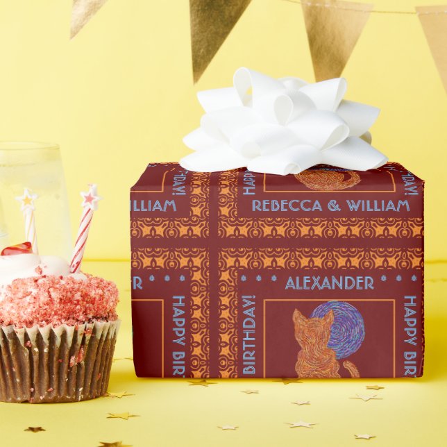 Eine orangefarbene Katze und die Mondkruste sind P Geschenkpapier (Geburtstagsparty)