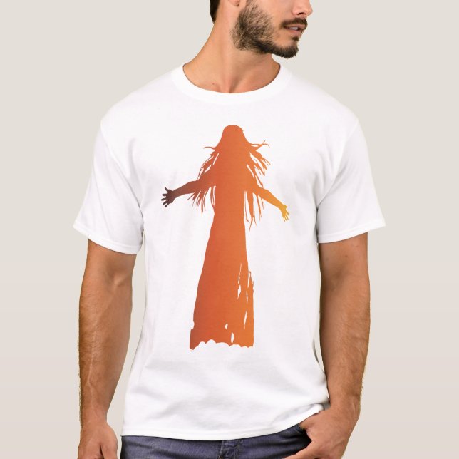 Eine orangefarbene Silhouette, eine Frau, die Haar T-Shirt (Vorderseite)