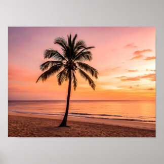 Eine Palme steht allein am Strand bei Sonnenunterg Poster