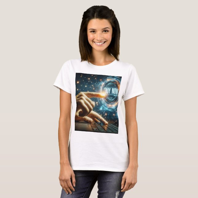 eine Person, die ein Notebook mit dem Wort "kaufen T-Shirt (Vorne ganz)