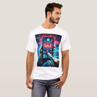 eine Person, die ein Telefon mit Wortverkauf auf d T-Shirt