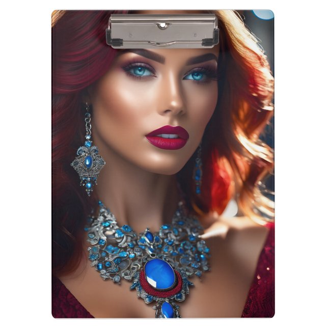 Eine Pose ist eine Frau, die ein Stück modelliert Klemmbrett (Vorderseite)