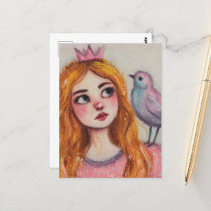 Eine Prinzessin und ein rosa Vogel Postkarte