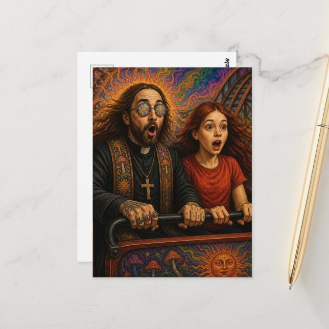 Eine psychedelische Priester Achterbahnfahrt Postkarte (Vorderseite/Rückseite Beispiel)