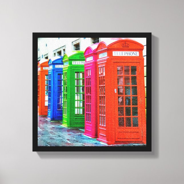 Eine Reihe farbenfroher Telefonboxen Leinwanddruck (Vorderseite)