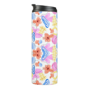 Eine Reisetasche mit einem farbenfrohen, abstrakte Thermosbecher