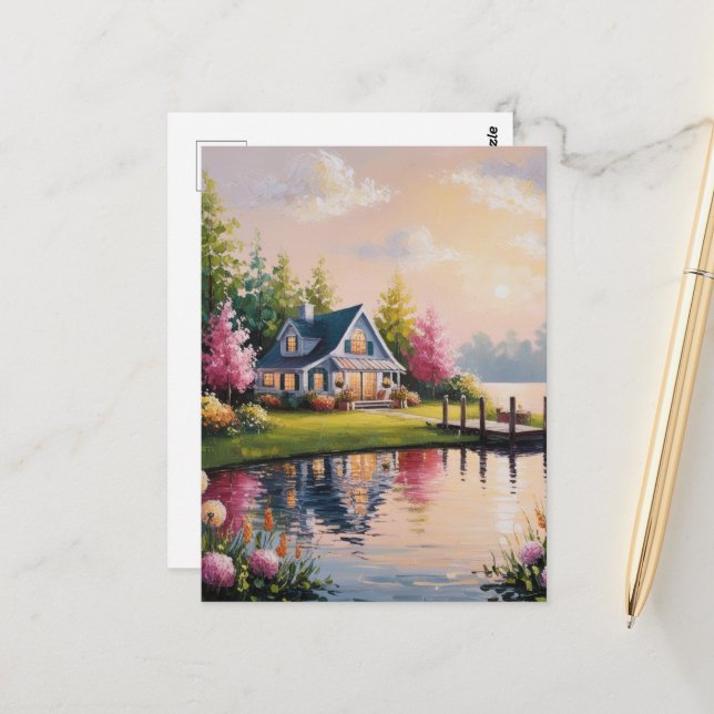 Eine reizvolle Aussicht auf die Hütte am See Postkarte (Vorderseite/Rückseite Beispiel)