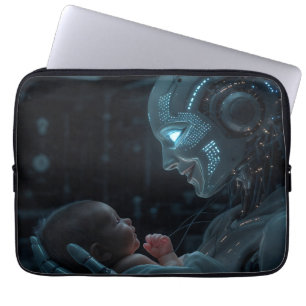 Eine Roboterfrau, die ein Baby hängt Laptopschutzhülle