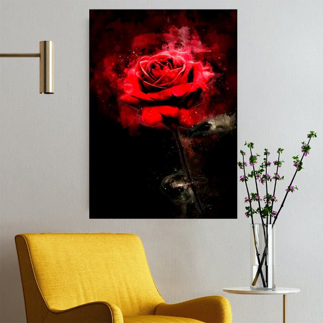 Eine rote Rose Aquarell auf schwarzem Hintergrund Poster (One Red Rose Watercolor on Black Background. Poster)