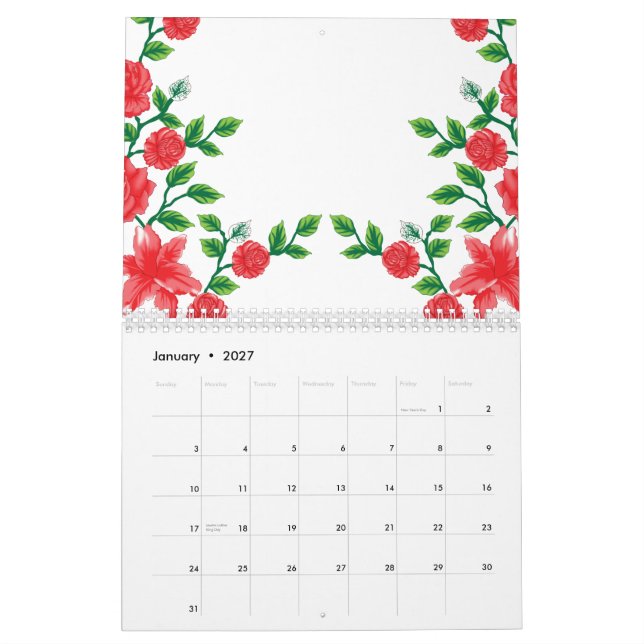 Eine rote Rose mit detaillierten Blättern, in Kli  Kalender (Jan 2027)