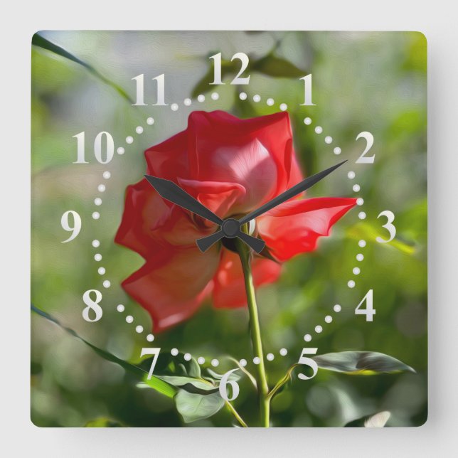 Eine rote Rose Quadratische Wanduhr (Vorderseite)