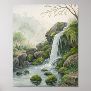 Eine ruhige Wald-Wasserfallstudie in Aquarell Fe Poster