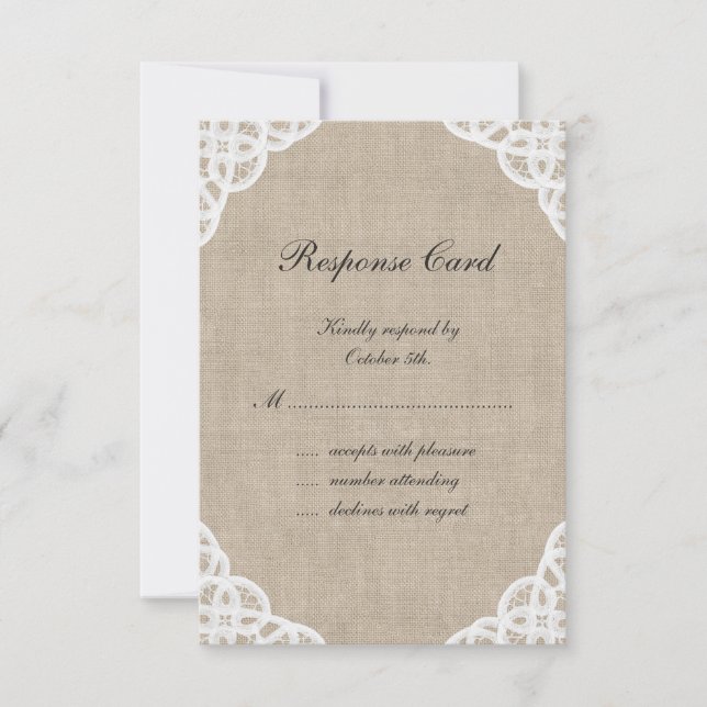 Eine rustikale Spitzen- und Burlap-UAWG RSVP Karte (Vorderseite)