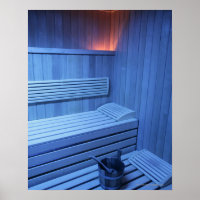 Eine Sauna in blauem Licht, Schweden.
