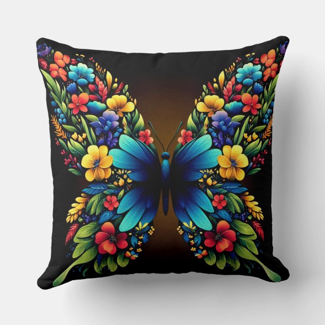 Eine Schmetterlingsfarbe mit floralen Flügeln Kissen (Rückseite)