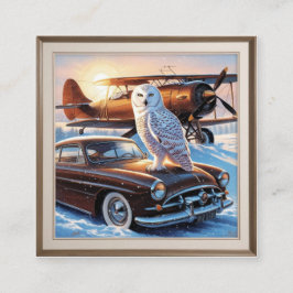 Eine Schneeeule, ein Flugzeug und ein Oldtimer Begleitkarte