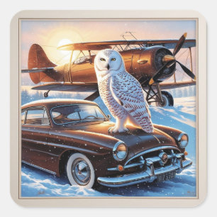 Eine Schneeeule, ein Flugzeug und ein Oldtimer Quadratischer Aufkleber