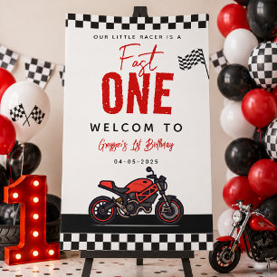Eine schnelle Rennmotorrad-Jungen 1. Geburtstagsfe Banner