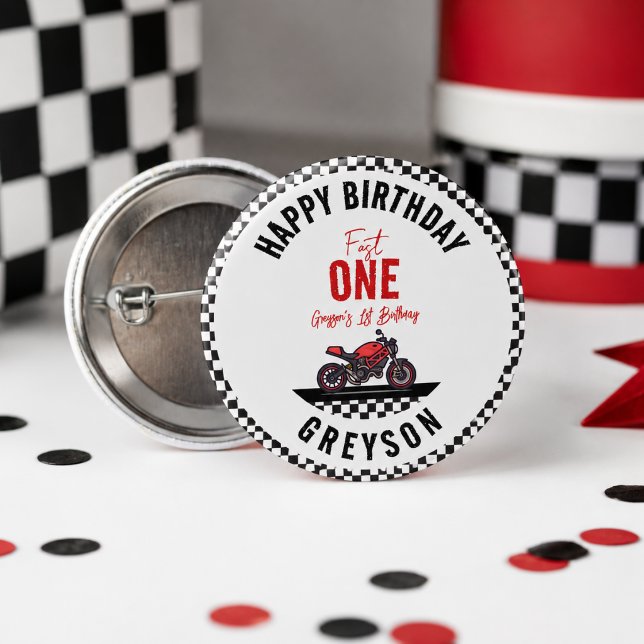 Eine schnelle Rennmotorrad-Jungen 1. Geburtstagsfe Button (One Fast Race Motorcycle Boy 1st Birthday Party Button
)