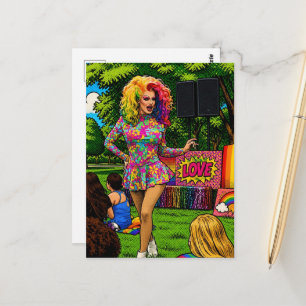 Eine schöne Drag Queen im farbenfrohen Pop-Art-Sti Postkarte