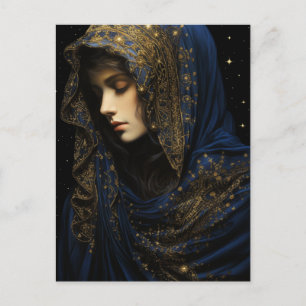Eine schöne Frau in einem blauen und goldenen Gewa Postkarte