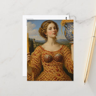 Eine schöne Frau in einem Kleid aus Spaghetti und Postkarte