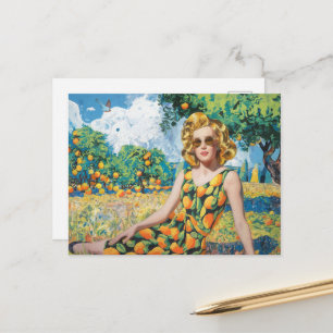 Eine schöne Frau in einem Orangengarten Postkarte