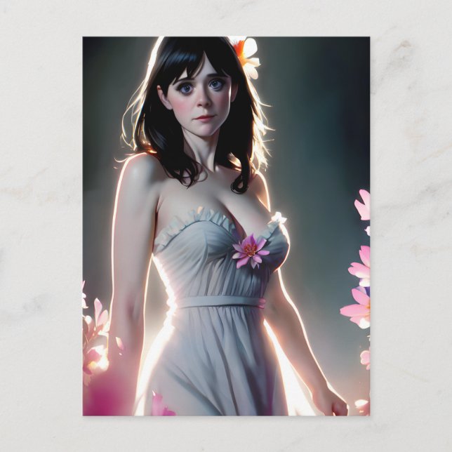 Eine schöne Frau mit langen, schwarz-rosa Blume Postkarte (Vorderseite)