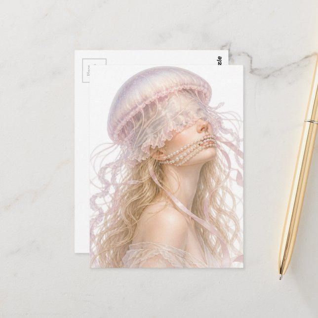 Eine schöne Frau mit Quallen und Perlen Postkarte (Vorderseite/Rückseite Beispiel)