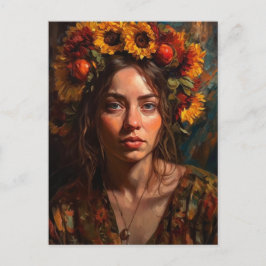 Eine schöne Frau mit Sonnenblumen auf ihrem Haar Postkarte