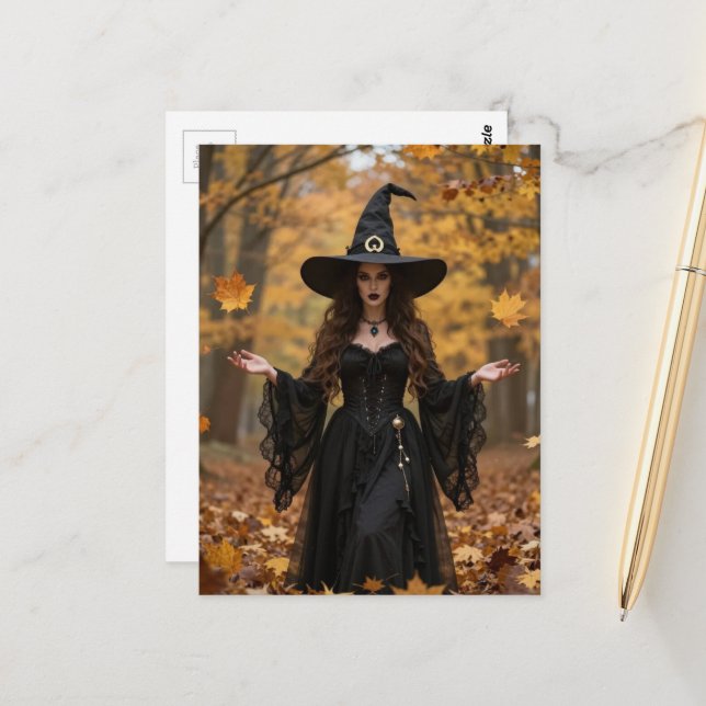 Eine schöne Hexe im Herbst Postkarte (Vorderseite/Rückseite Beispiel)