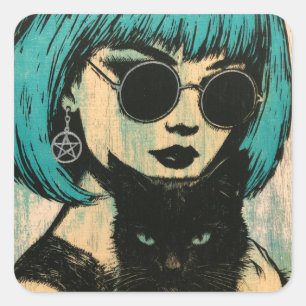 Eine schöne Hexe mit ihrer schwarzen Katze Quadratischer Aufkleber