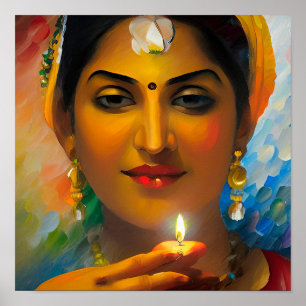 Eine schöne indische Frau mit Diwali Oil Lamp Poster