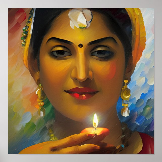 Eine schöne indische Frau mit Diwali Oil Lamp Poster (Vorne)