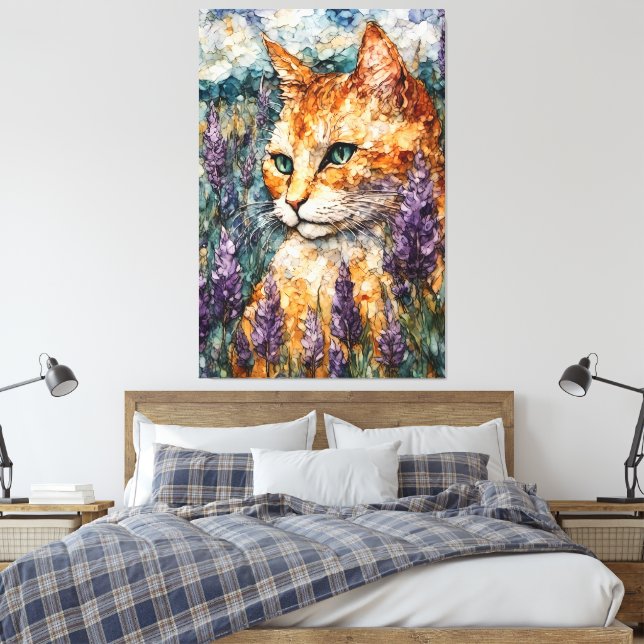 Eine schöne Ingwer Katze auf einem Lavendelfeld Leinwanddruck (Insitu (Schlafzimmer))