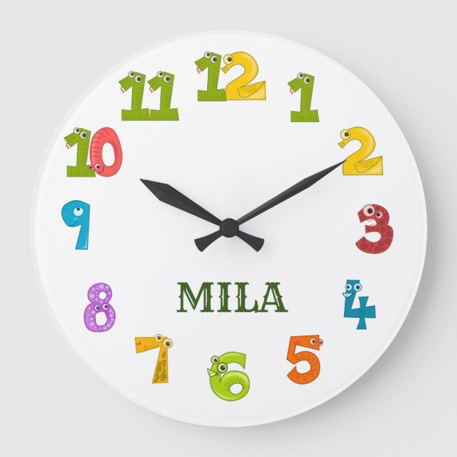 Eine schöne Kinderuhr mit Ihrem Namen darauf Große Wanduhr (Vorderseite)