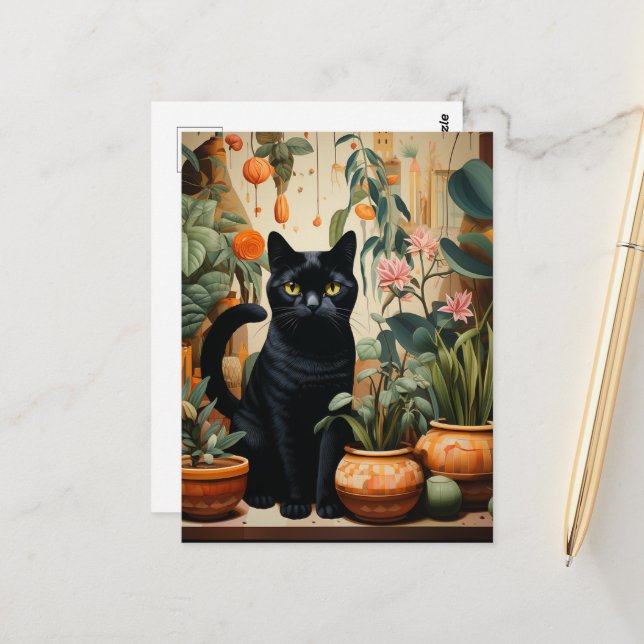 Eine schöne schwarze Katze Pose als Hauspflanze Postkarte (Vorderseite/Rückseite Beispiel)