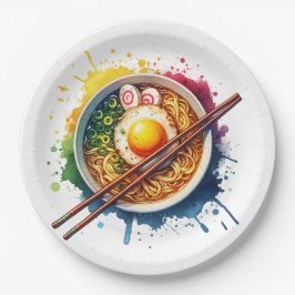 Eine Schüssel Ramen Noodles und Chopsticks Pappteller